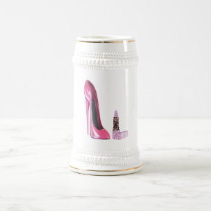Caneca De Cerveja Arte cor-de-rosa dos calçados e do batom do