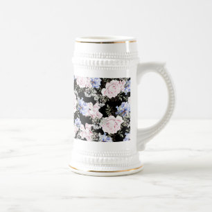Caneca De Cerveja Belo Padrão Floral Rosas Iris Azul Rosa