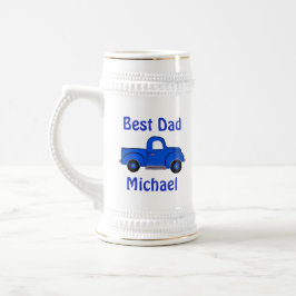 Caneca De Cerveja Best Dad Vintage Handpainted Blue Truck White