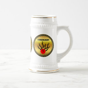 Caneca De Cerveja Bola de boliche e pinos com a palavra STRIKEOLOGIS