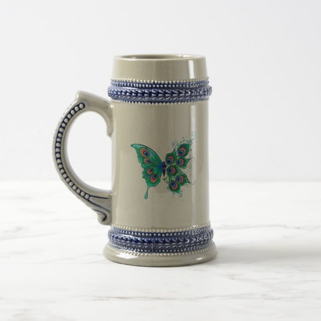 Caneca De Cerveja Borboleta com Penas de Pavão Verde (Esquerda)