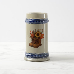 Caneca De Cerveja Botas Vintage de Outono com Girassol e Folhas de O