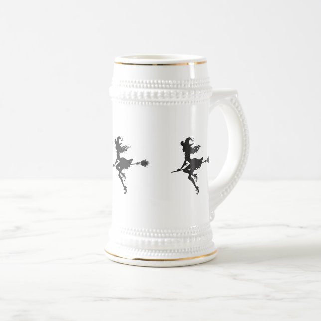 Caneca De Cerveja Bruxa Andando Vassoura Halloween Thunder_Cove (Frente Esquerda)