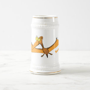 Caneca De Cerveja Cartoon voador de pterodátilo, cor de laranja giro