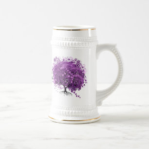 Caneca De Cerveja Casamento de Árvore de Folha de Coração Roxo da Fl