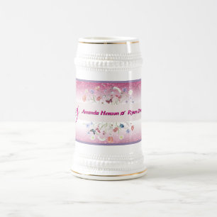 Caneca De Cerveja Casamento Floral de Flores de Aquarela Rosa