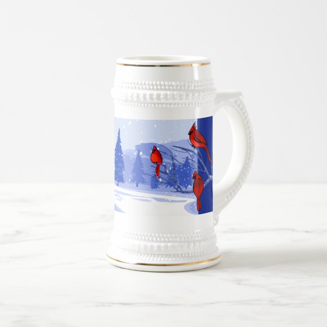 Caneca De Cerveja Cena de Neve com Presente de Natal de Cardinais Ve (Frente Esquerda)