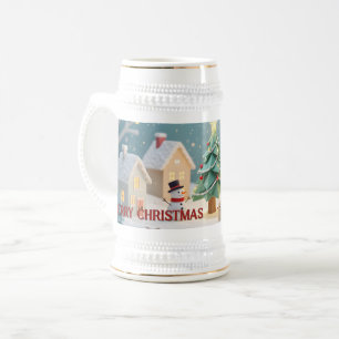 Caneca De Cerveja Cena Festiva de Árvore de Natal e Bonecos de Neve
