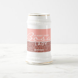 Caneca De Cerveja Chefe Lady Pink Rose Dourada Glitter Personalizada