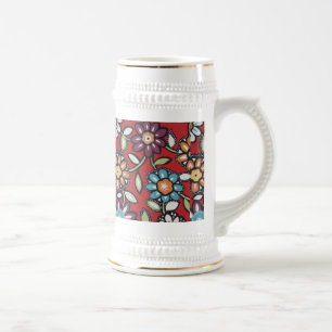 caneca de cerveja colorida de flores hippies