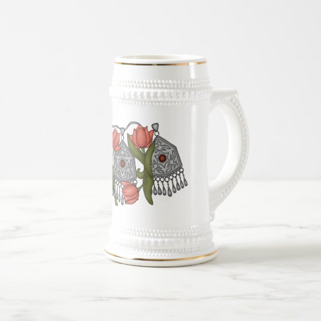 Caneca De Cerveja Condecoração de Onirzhyek kazakh com tulips Mug (Frente Esquerda)