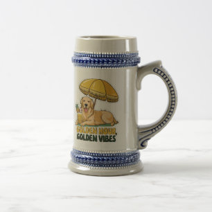 Caneca De Cerveja Dog Beach Sticker   Ouro Retriever com Pina