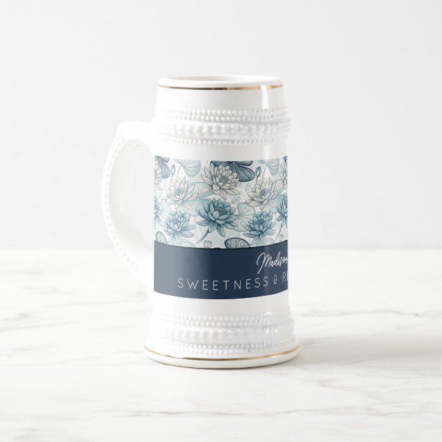 Caneca De Cerveja Elegant Monogram Blue Water Lily and Lotus (Frente Esquerda)