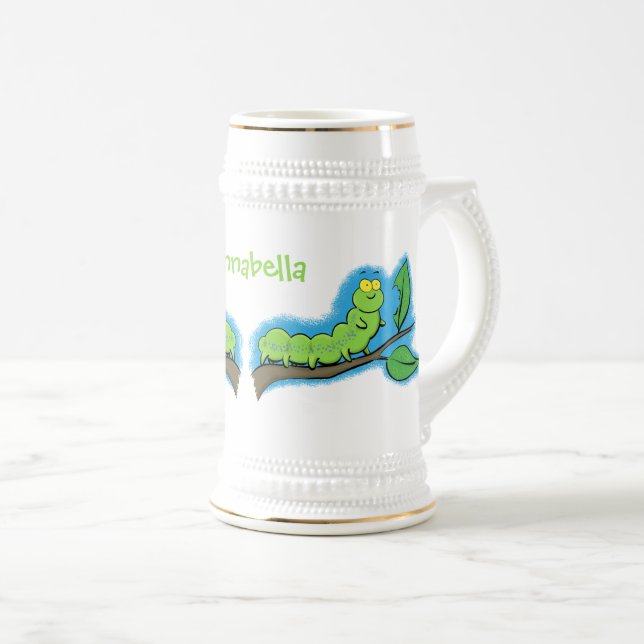 Caneca De Cerveja Feliz desenho de cartoon verde da lagarta (Frente Esquerda)