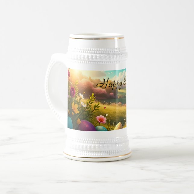 Caneca De Cerveja Feliz Páscoa em uma Paisagem de Primavera (Frente Esquerda)