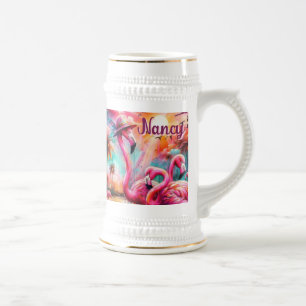 Caneca De Cerveja Flamingos Palmeiras Rosa Tropicais Personalizadas