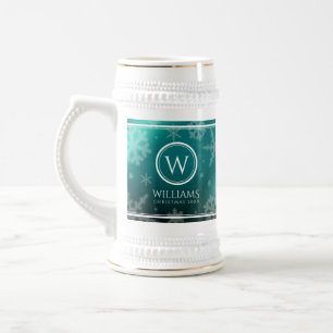 Caneca De Cerveja Flocos de Neve em Folha de Azul Claro Festivo Mono