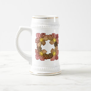 Caneca De Cerveja Flores de rabisco em pêssego, laranja e Dourado