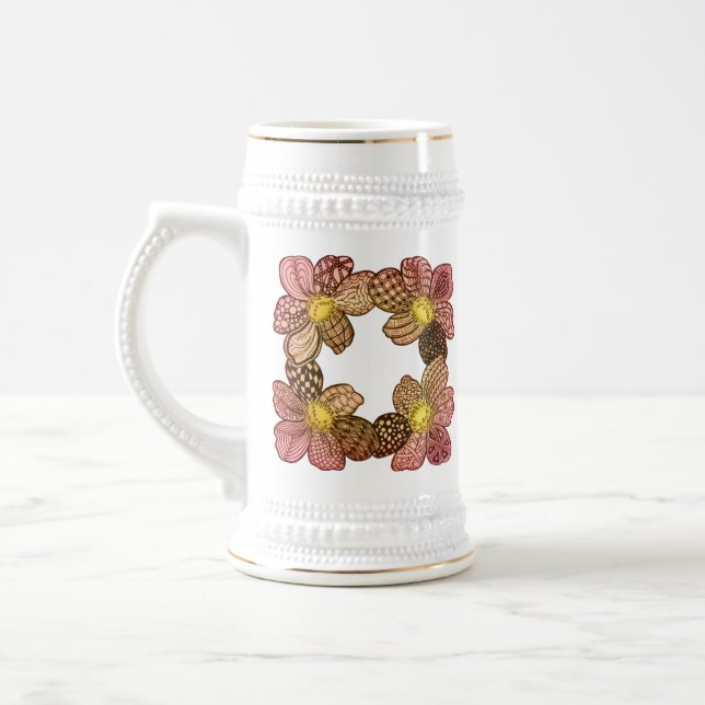 Caneca De Cerveja Flores de rabisco em pêssego, laranja e Dourado (Esquerda)