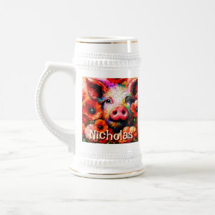 Caneca De Cerveja Flores de Suínos Vermelhos Impressionistas Persona