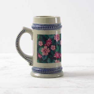 Caneca De Cerveja Flores Rosa com Folhas Verdes - 79066