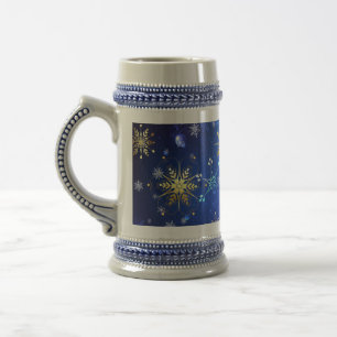 Caneca De Cerveja Fundo Azul XMAS com Flocos de Neve Ouro