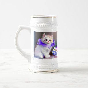 Caneca De Cerveja Gato branco com pintura de colarinho de flores rox