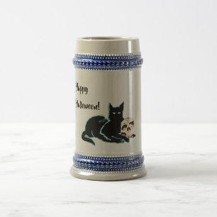 Caneca De Cerveja Gato Preto e Caveira Halloween