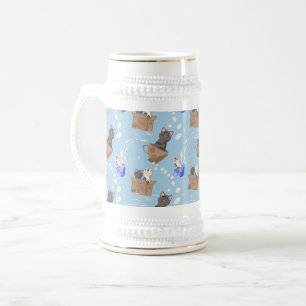 Caneca De Cerveja Gatos na caixa e leite cai em azul