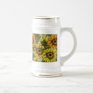 Caneca De Cerveja Girassóis em Sage Background Foliage Orange Yello