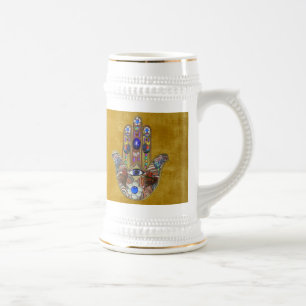 Caneca De Cerveja Hamsa Hearts Flowers Opal Art em Dourado