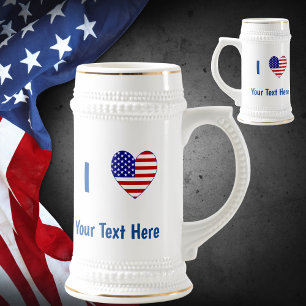 Caneca De Cerveja I (USA Flag Heart) Seu Texto
