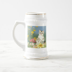 Caneca De Cerveja Ilustração Vintage Kitten com Flores Amarelas