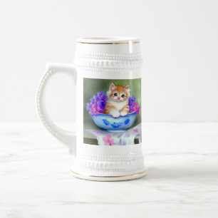 Caneca De Cerveja Ilustração Vintage Laranja e White Kitten