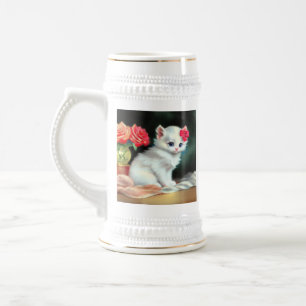 Caneca De Cerveja Ilustração Vintage White Kitten com Flores Vermelh