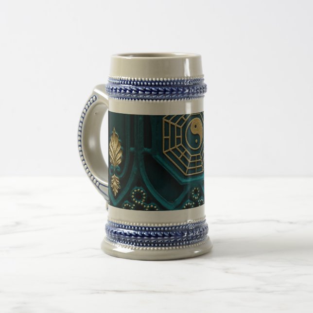 Caneca De Cerveja ilustração yin yang azul e marrom (Frente Esquerda)