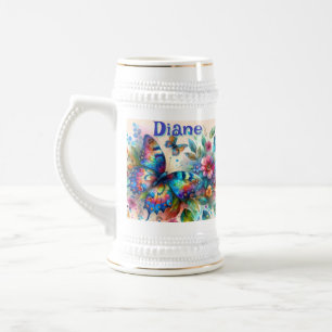 Caneca De Cerveja Jardim Floral de Borboleta de Aquarela Personaliza