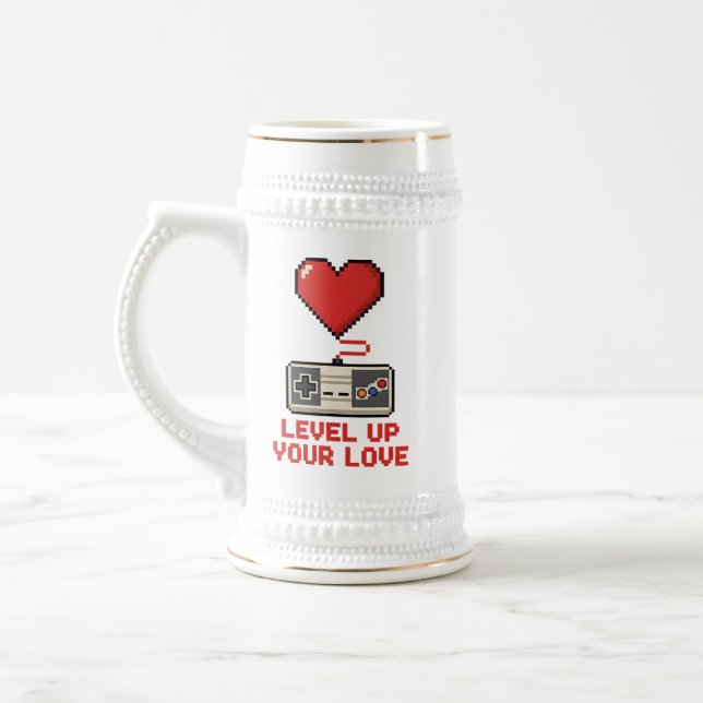 Caneca De Cerveja Level Up Your Love, Retro Pixel Gaming Design (Esquerda)