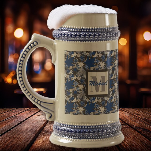 Caneca De Cerveja Mapeamento deixa azul em um fundo de carvão (Maple Leaves Blue - Bar Scene - The Canadian Outpost Shop at Zazzle)