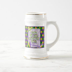 Caneca De Cerveja Mardi Gras Harlequin Pattern, Miçangas, Penas