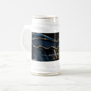Caneca De Cerveja Marinho Agate Blue Dourado Marble Name Letter Beer