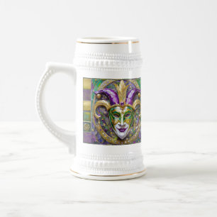 Caneca De Cerveja Máscara de Jester do Mardi Gras Roxa Verde Dourada