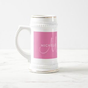 Caneca De Cerveja Modelo Personalizada Monograma Inicial Branco Rosa