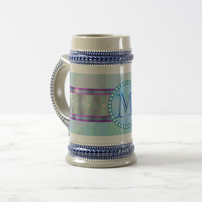 Caneca De Cerveja Monograma Floral Azul Pastel (Frente Esquerda)