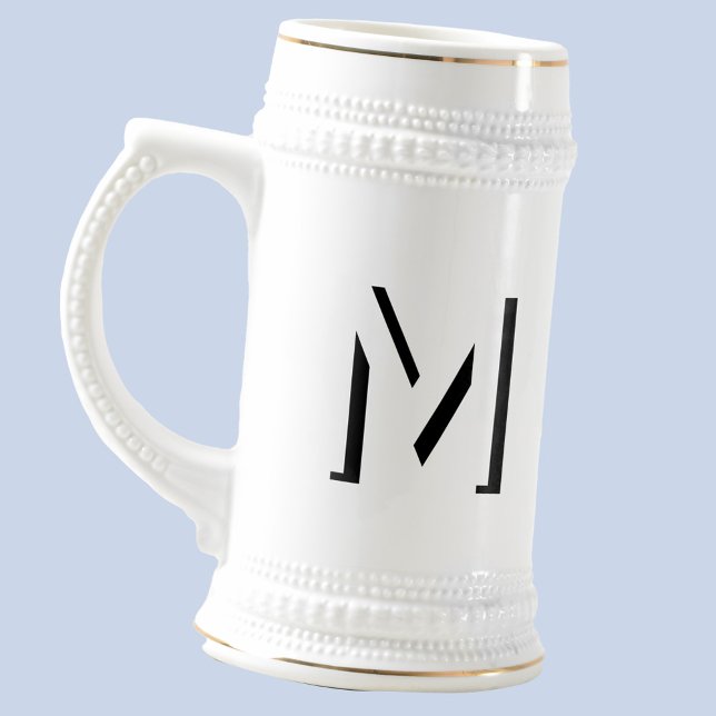 Caneca De Cerveja Monograma Simples Sombra inicial personalizada (Monogram initial drop shadow personalized black and white beer stein)