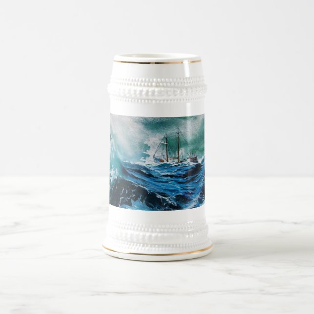 Caneca De Cerveja Navio no mar em tempestade, azul náutico (Centro)