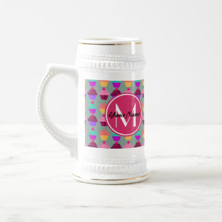 Caneca De Cerveja Nome Personalizado do Cupcake Rosa, Monograma Pers