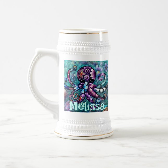 Caneca De Cerveja Octopus Floral Teal Coastal Personalizado (Esquerda)