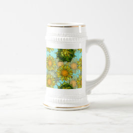 Caneca De Cerveja Padrão Amarelo de Girassóis com Folhagem e Buds