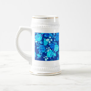 Caneca De Cerveja Padrão de Flores de Rosa Azul Clássico-87600